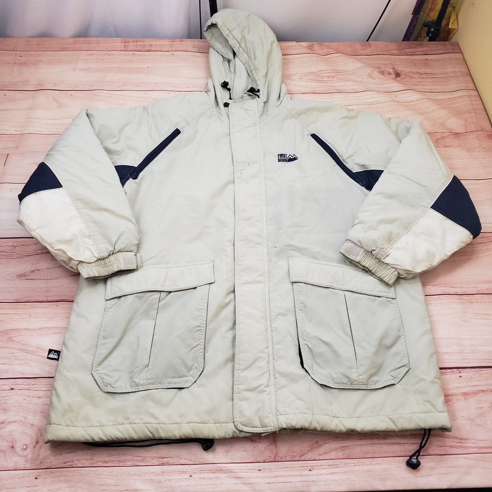 VINTAGE First Down Sixty-Four Jacket Mens XL Off White Hooded Parka Coat Adult *